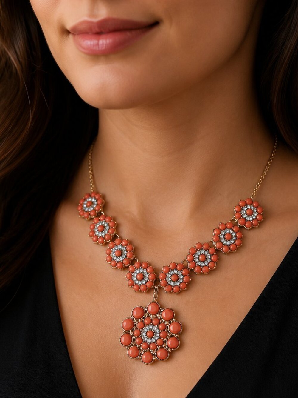 Premier Designs Coral and Gold Floral Statement Necklace